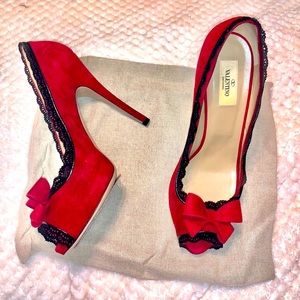 Valentino  burgundy lace trim suede bumps